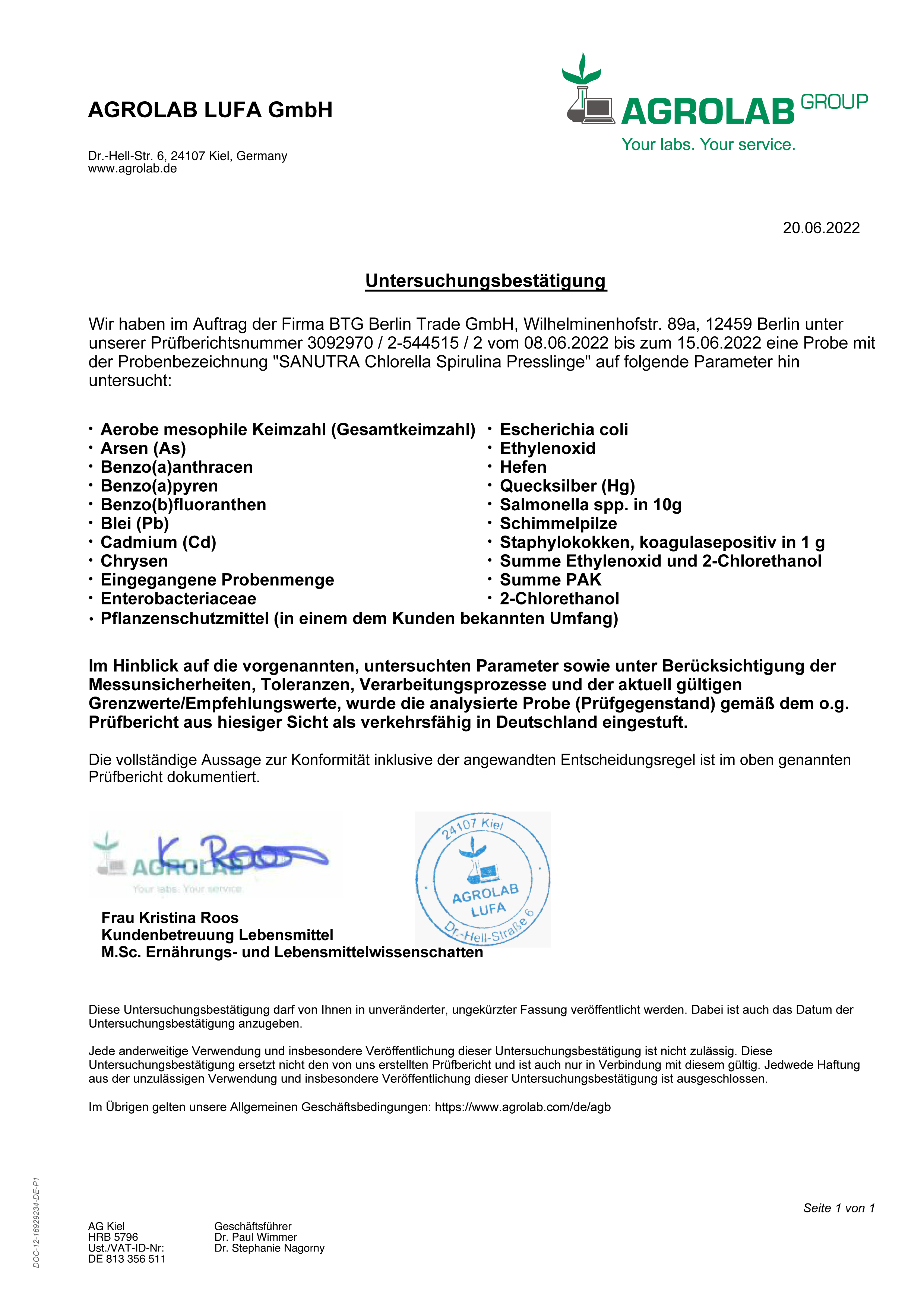 DE Labor Sanutra SPCL TABLETS Certifcate 220622-01